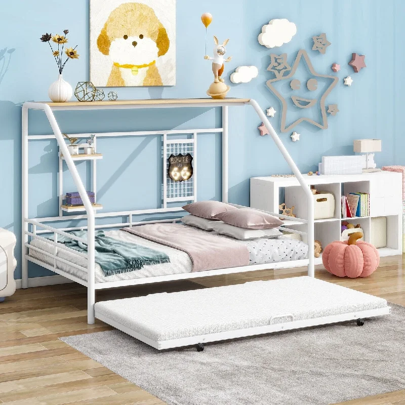 Full Size Daybed Metal Canopy Bed Frame for Household House-shape Frame Bed with Top-shelf, Built-in Grid and Shelf, Trundle Bed