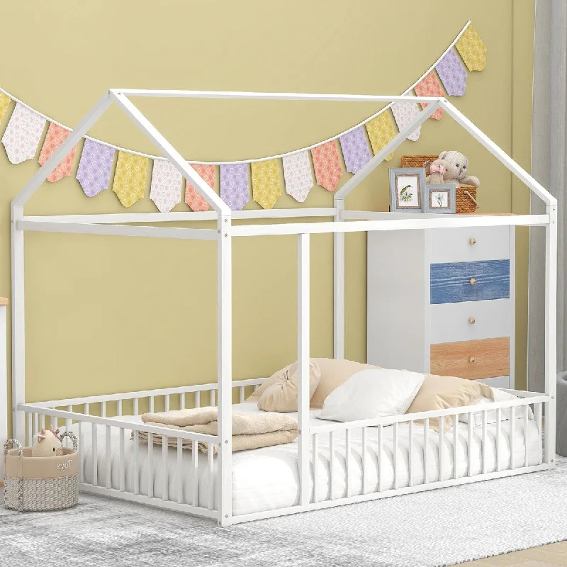 Full Size House Bed White Frame Metal Bed, Toddler Floor Bed Semi-enclosed Grounded Bed without Door with Fence for Kids