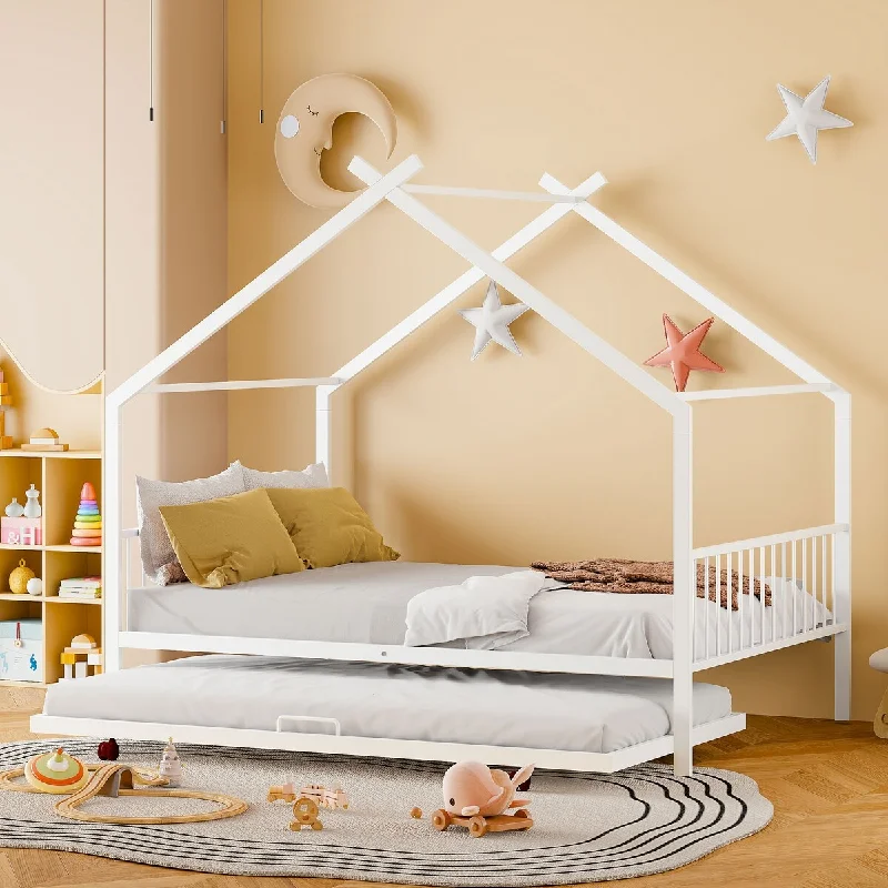 Full Size House-shaped Frame White Bed with Twin Size Trundle and Roof for Kids Platform Daybed, Metal House Bed