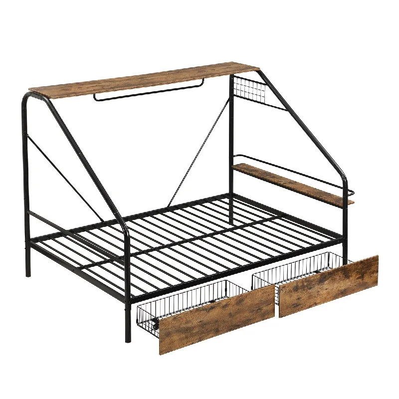 Full Size Metal Storage Platform Bed with Clothes Rack, Black