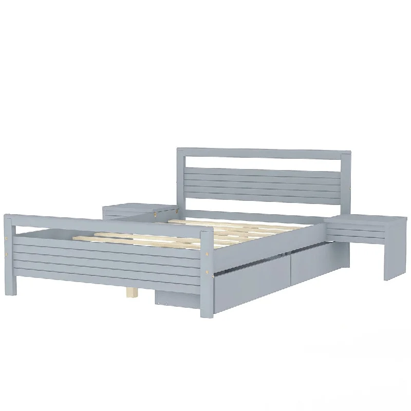 Full Size Wooden Platform Bed with 2 Storage Drawers and Bedside Tables - Gray Finish