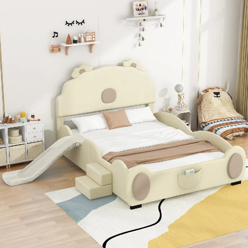 Full Upholstered LED Light Platform Bed with Piglet Shape Headboard