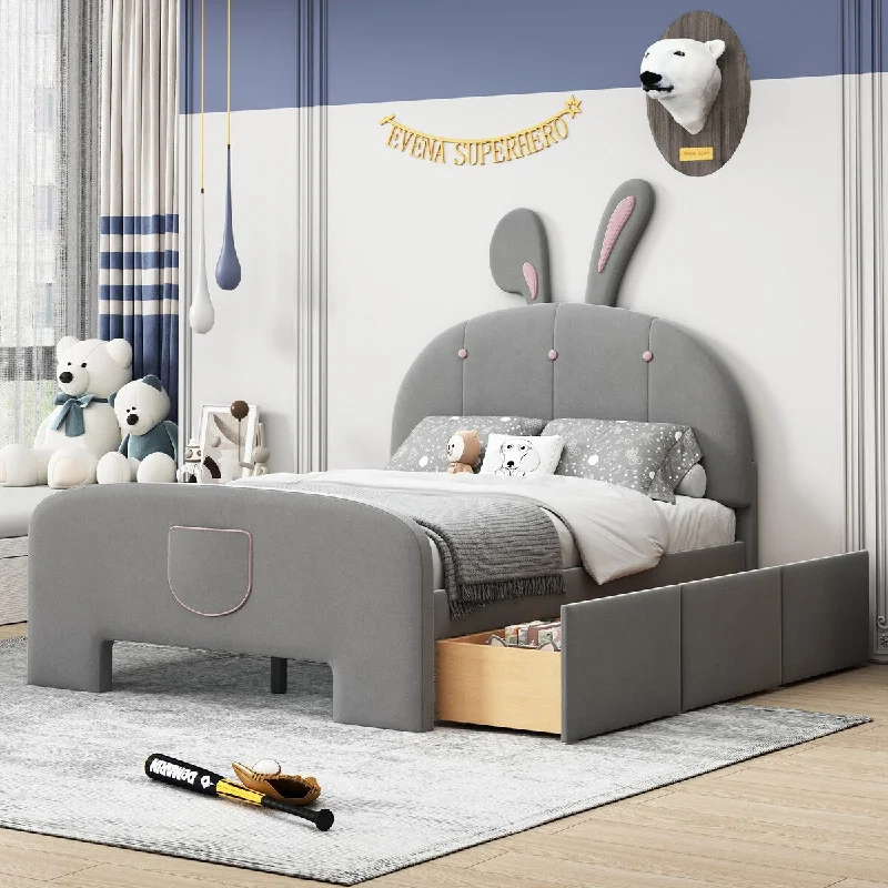 Gray Velvet Full Size Platform Bed with Guardrail, Rabbit-Shaped Headboard, Pull-out Drawers Storage Bed and Bed-end Pocket