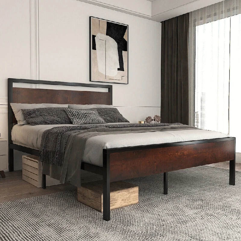 Heavy Duty Queen Size Platform Bed Frame with Wood Headboard, Walnut