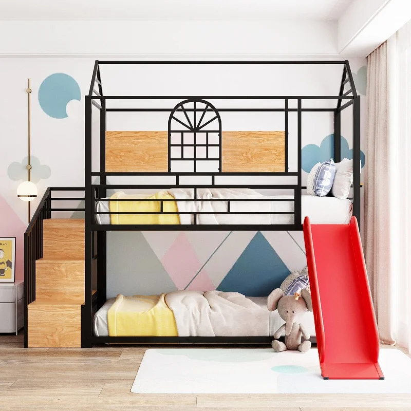 House-shaped Metal Bunk Bed wHouse Roof Frame, Twin Over Twin Bed, Storage Stair, Red Slide for Children Playhouse Bed, Black