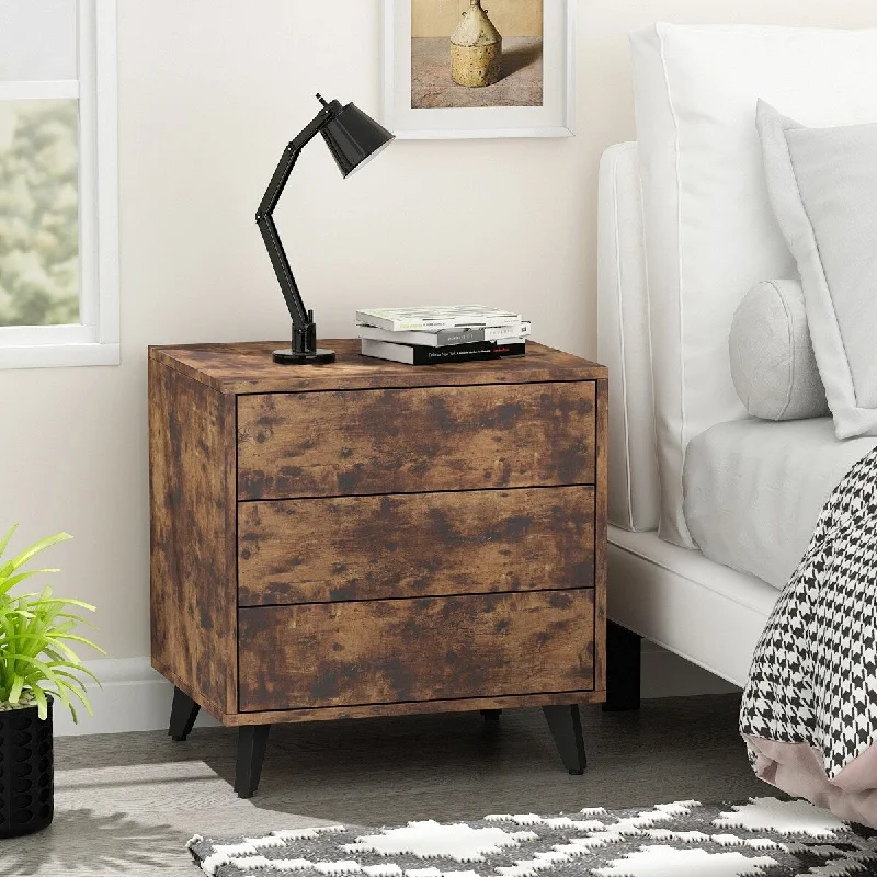 Kerrogee 3-Drawer Distressed Nightstand - Bedside End Table - Rustic Brown