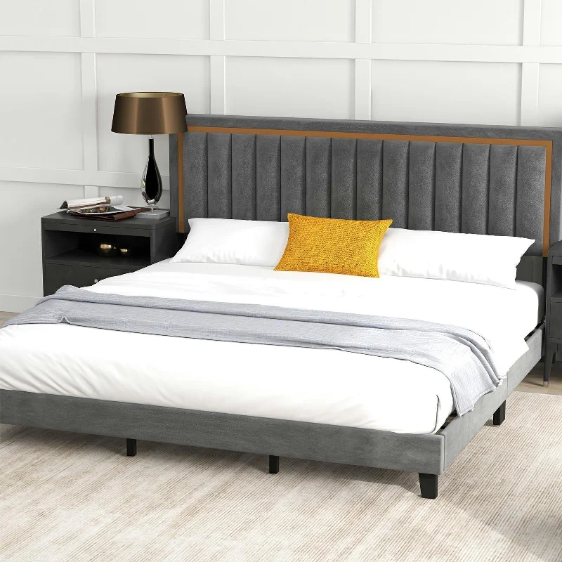 King Platform Bed Frame with Adjustable Upholstered Headboard