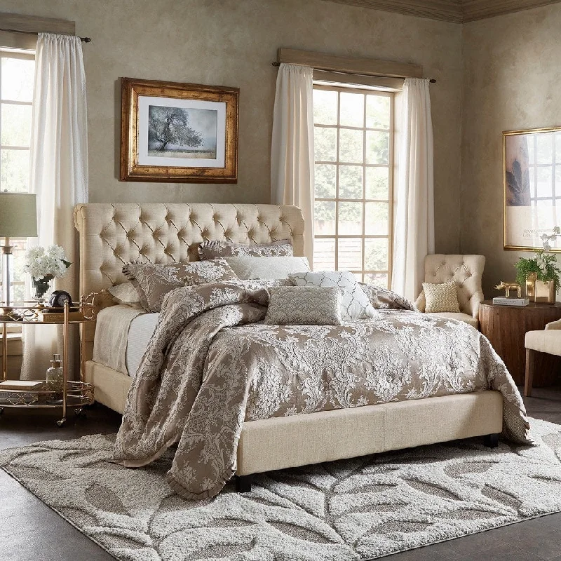 Knightsbridge Beige Linen Rolled Top Tufted Chesterfield Bed by iNSPIRE Q Artisan