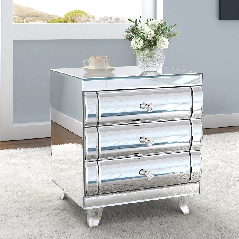 KOHROS Modern Glass Mirrored 3-Drawers Nightstand Bedside Table