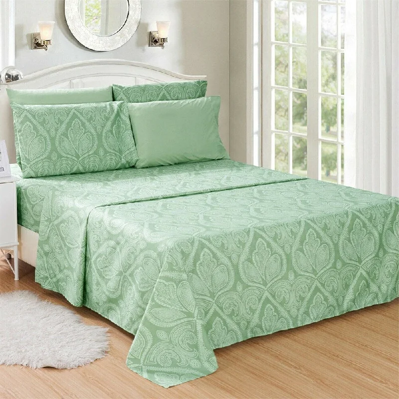 Luxury 6 Piece Bed Sheet Set 1800 Count Paisley Full Sage