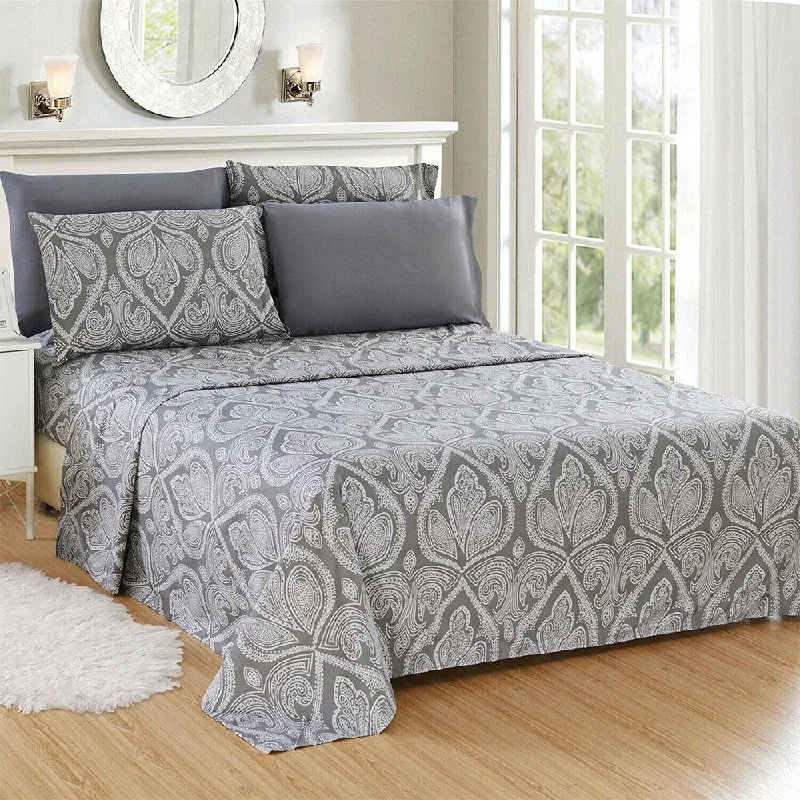 Luxury 6 Piece Bed Sheet Set 1800 Count Paisley Twin Gray