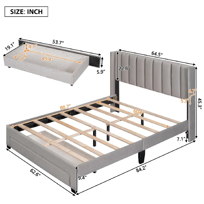 Merax Storage Bed Velvet Upholstered Platform Bed with a Big Drawer