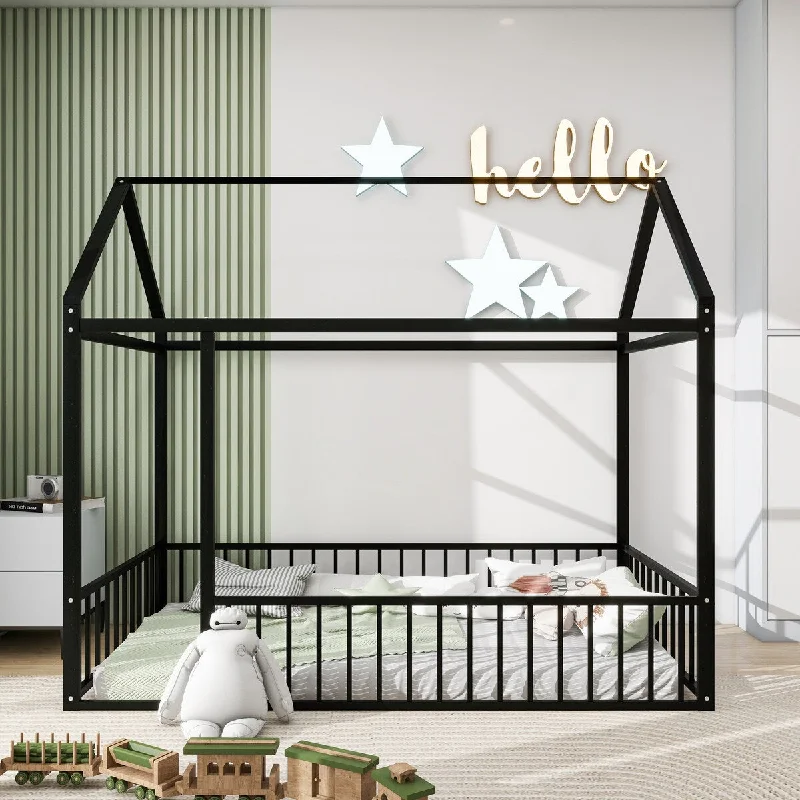 Metal Frame House-shape Bed, Fence Toddler Floor Bed, Semi-enclosed Grounded Bed with Roof - Household Kid Bed