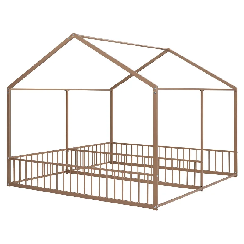 Metal Frame House-shaped Floor Bed Two Shared Twin Side by Side Bed