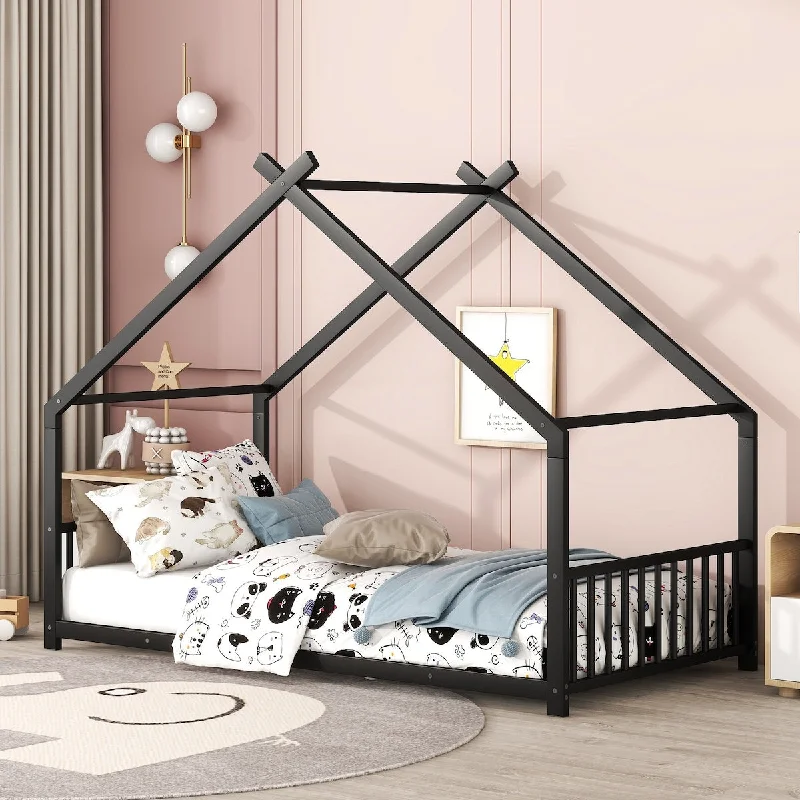 Metal House Bed for Children Boys Girls Toddler Floor Bed House-shaped Frame Bed, Metal Slat Support Grounded Bed