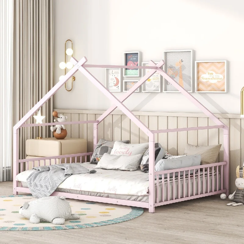 Metal House Bed for Children Boys Girls Toddler Floor Bed House-shaped Frame Bed, Pink Full Size Bed with Roof