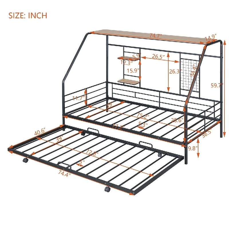 Metal House Bed with Trundle, Built-in Shelf and Grid