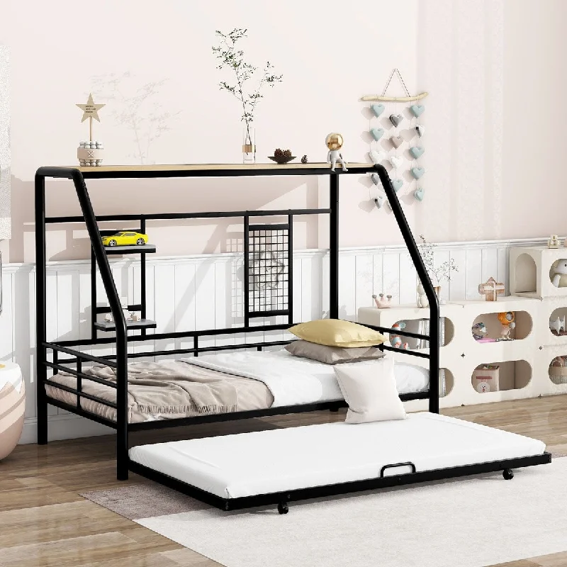 Metal House Bed with Trundle, Sturdy House Shaped Bedframe w/Built-in Shelf & Grid for Kids Bedroom, Dorm, No Box Spring Needed