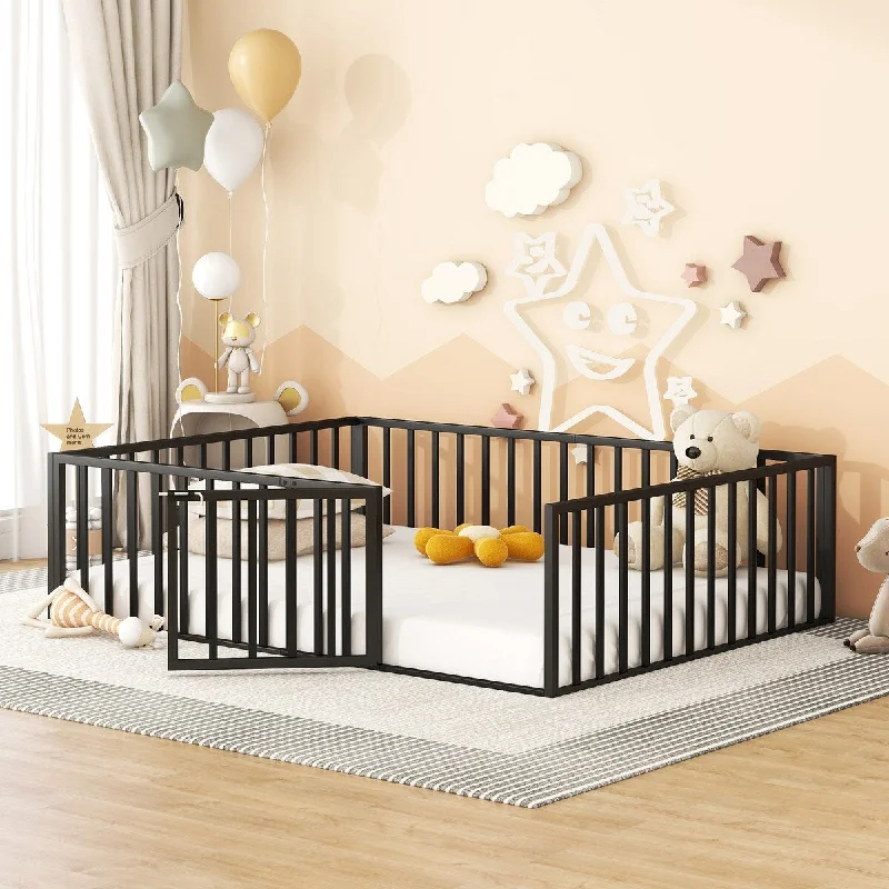 Metal Montessori Bed Queen Size Frame Bed with Door and Fence for Children Boys Girls Kids Black Metal Fence Toddler Floor Bed