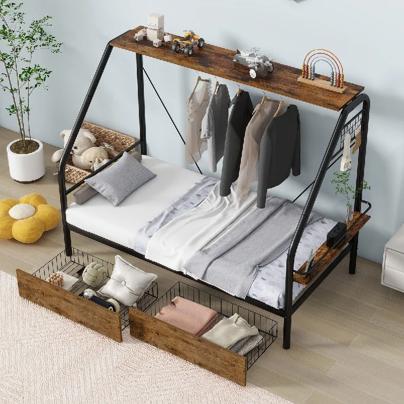 Metal Platform Bed with Storage Shelves and 2 Drawers, Sturdy Platform Bedframe w/Clothes Rack, for Bedroom, Drom