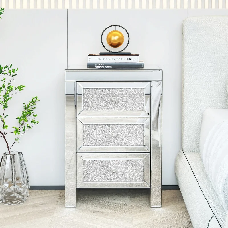 Mirrored Night Stand Bedside Tables Drawer Crystal Diamond with 3-Drawers-Bedside Storage Cabinet Silvery