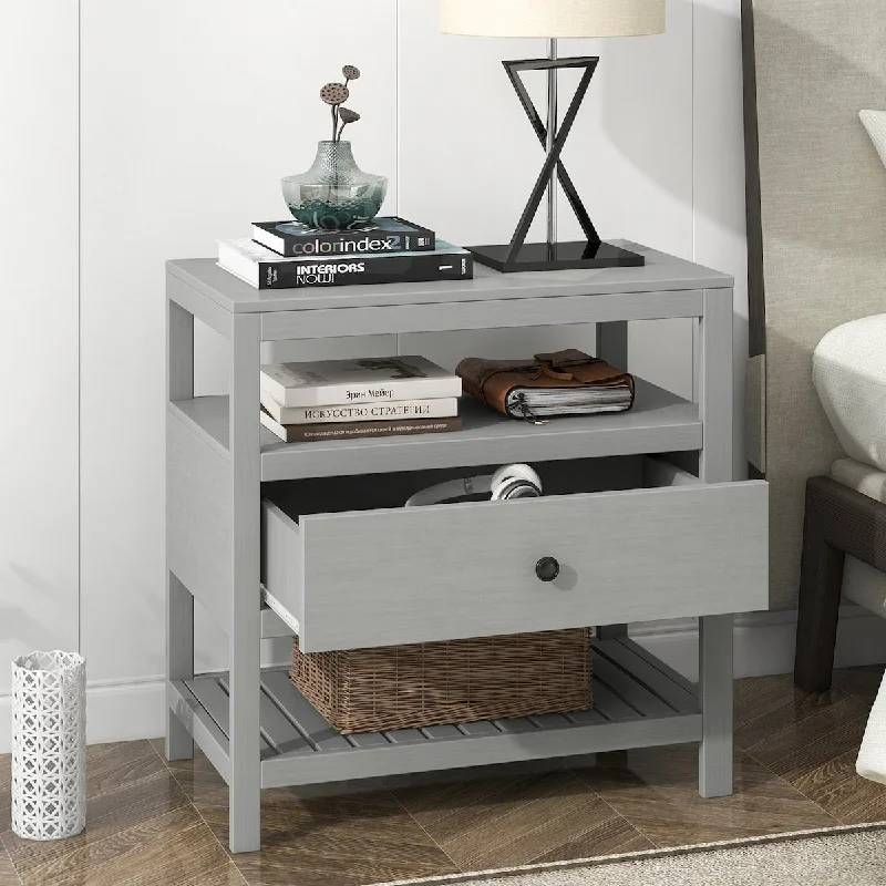 Modern Pine Wood Clean-Lined 1-drawer Nightstand with 2 Storage Shelf and Knob, Side End Table for Living Room Bedroom