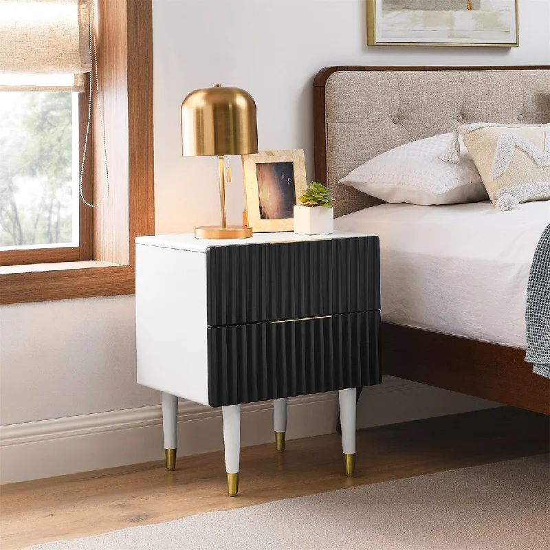 MUSEHOMEINC Mix Color Modern Solid Wood Nightstand with 2 Unique Waveform Panel Drawer Storage and Golden Handles for Bedroom