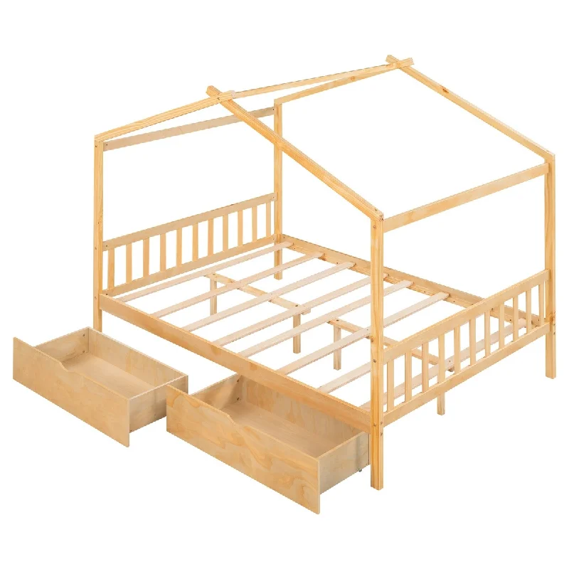 Natural Toddler Floor Bed, Full House-shape Storage Bed with 2 Drawers