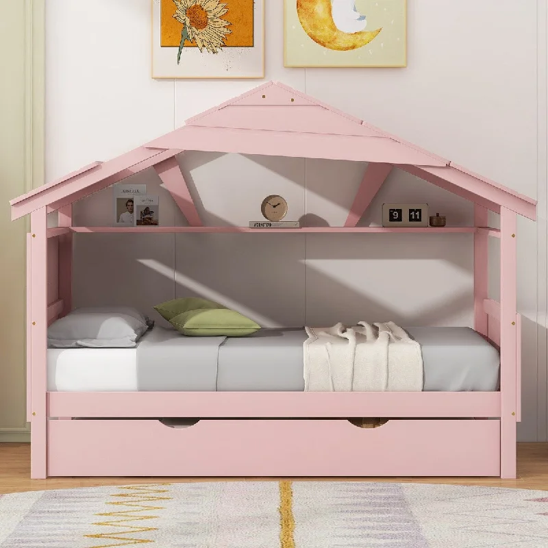 Pink House-shaped Bed Daybed with Roof, Trundle Bed and Shelves, Twin