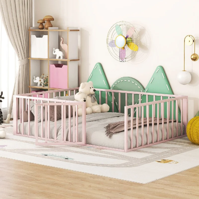 Pink Metal Montessori Bed Frame with Door and Fence for Children Boys Girls Kids Metal Fence Toddler Floor Bed, Full Size Bed