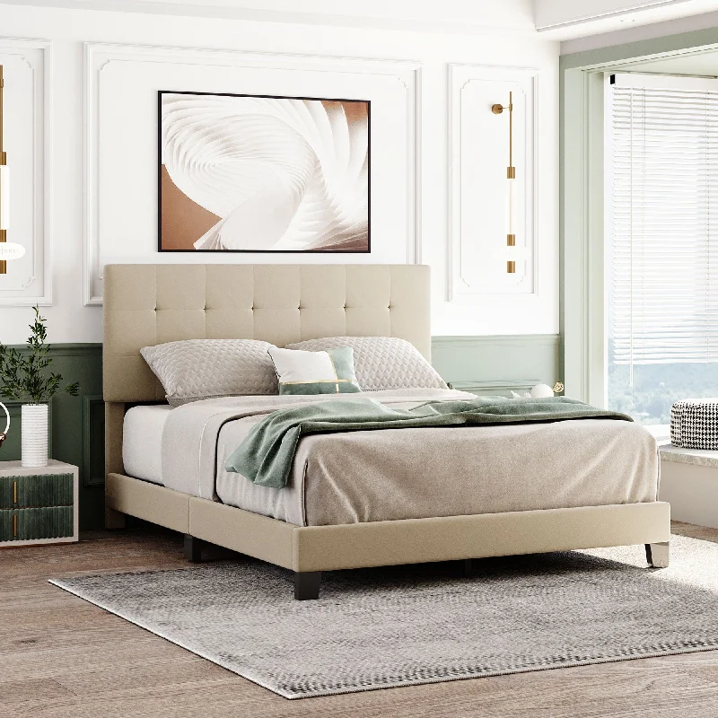 Queen Size Beige Linen Fabric Upholstered Platform Bed-84.8"L