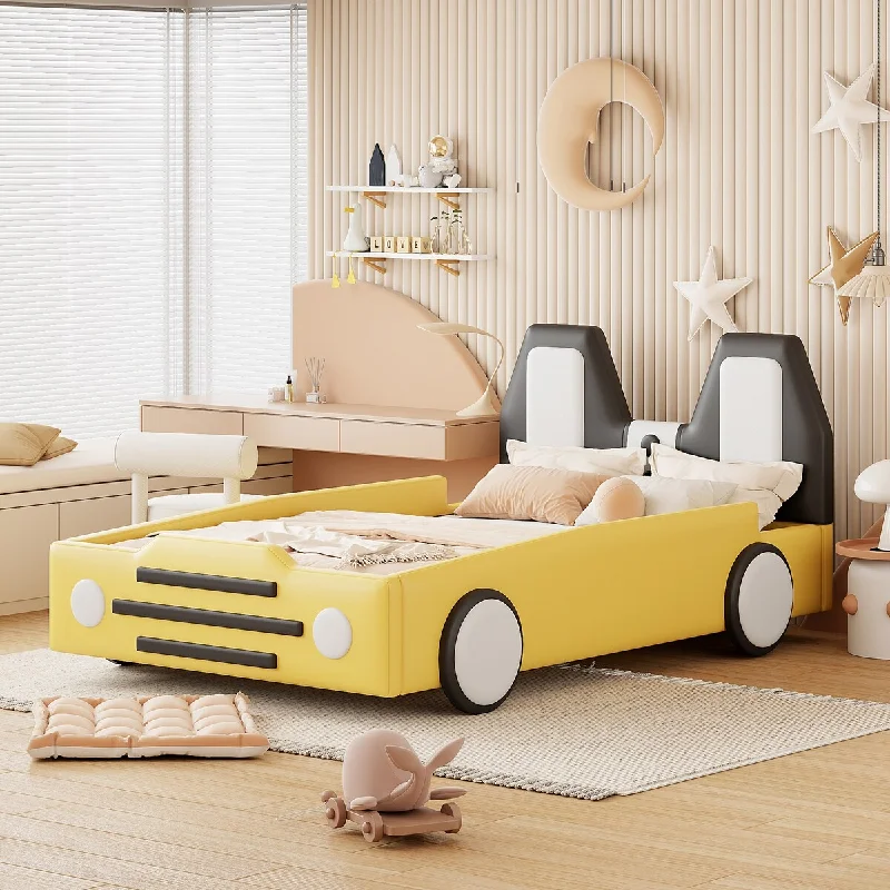 Race Car-shaped Frame Upholstered Bed with Wheels, Twin Size