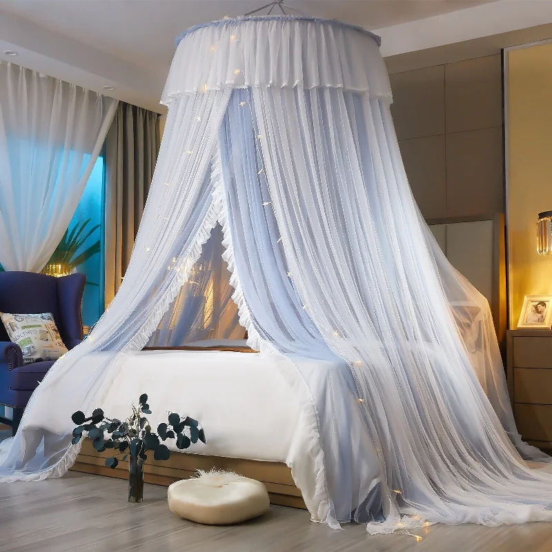 Romantic Bed Curtains Hoop Sheer Bed Canopy with LED Light