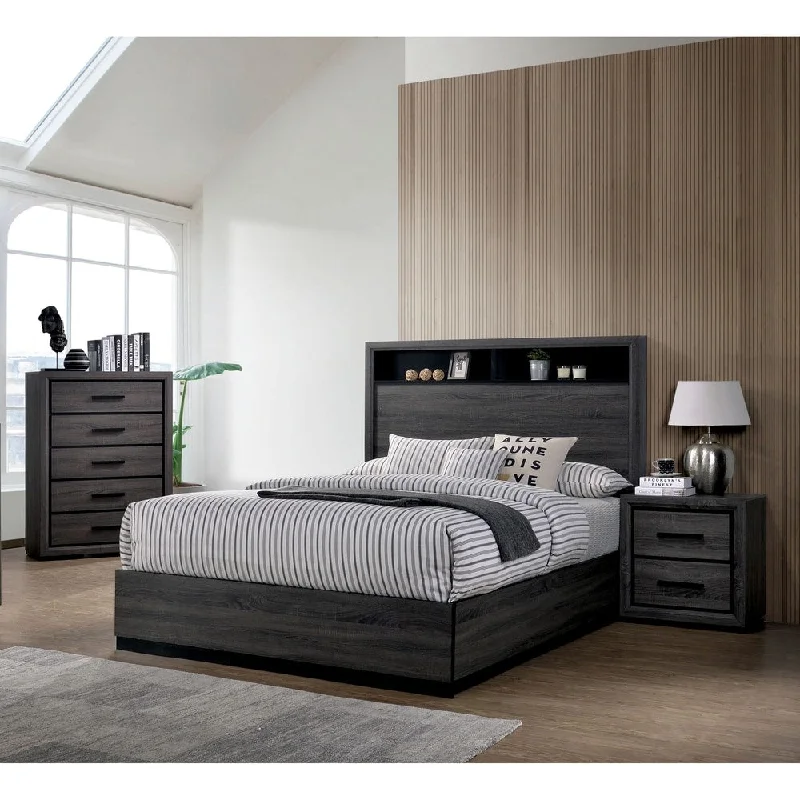 Rothwell Contemporary Grey Wood 3-Piece Panel Bedroom Set with Shelves by Furniture of America