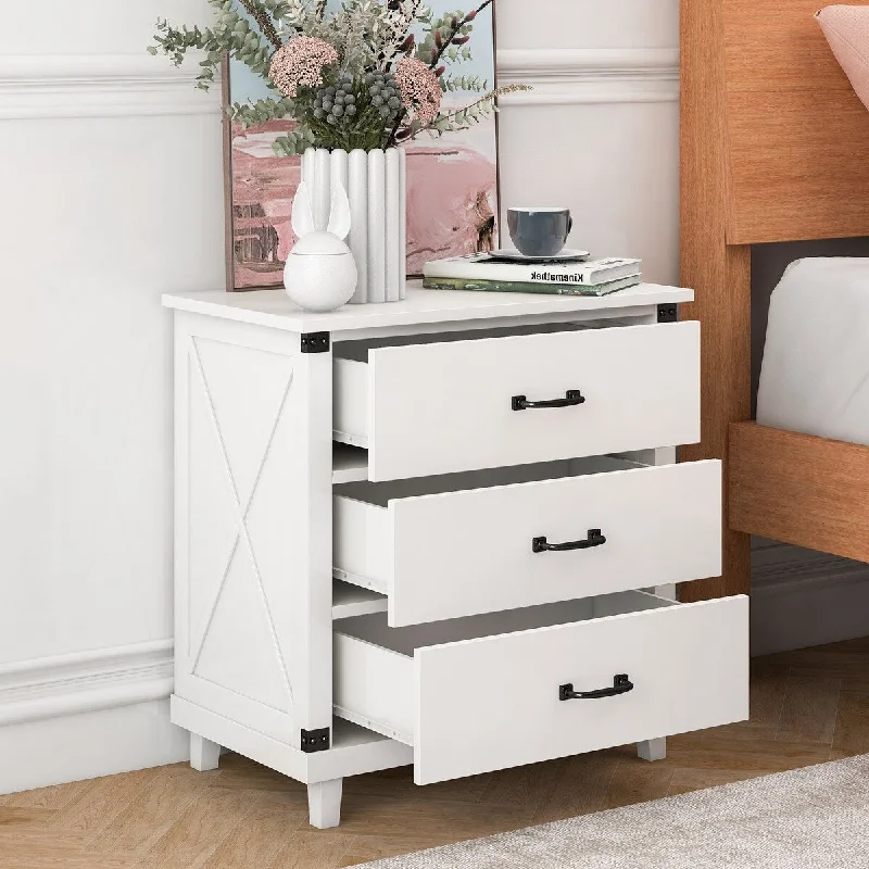 Side X-Pattern Decor 3-drawer Nightstand with Pull Handle for Bedroom