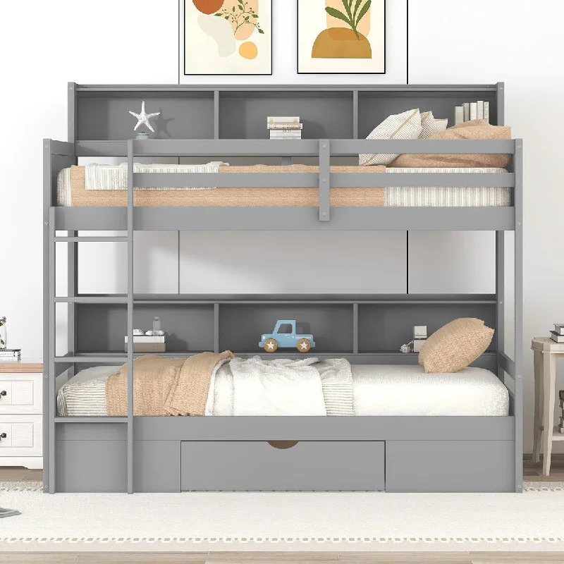 Twin Bunk Bed with Drawers, Cabinet Beside Both Upper Bed and Down Bed