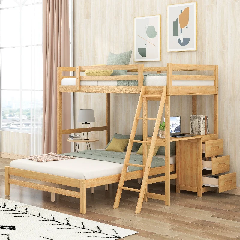 Twin Over Full Bunk Bed with Built-in Desk & 3 Drawers, Solid Wood Bedframe w/Safe Guardrail & Ladder for Kids Bedroom, Natural