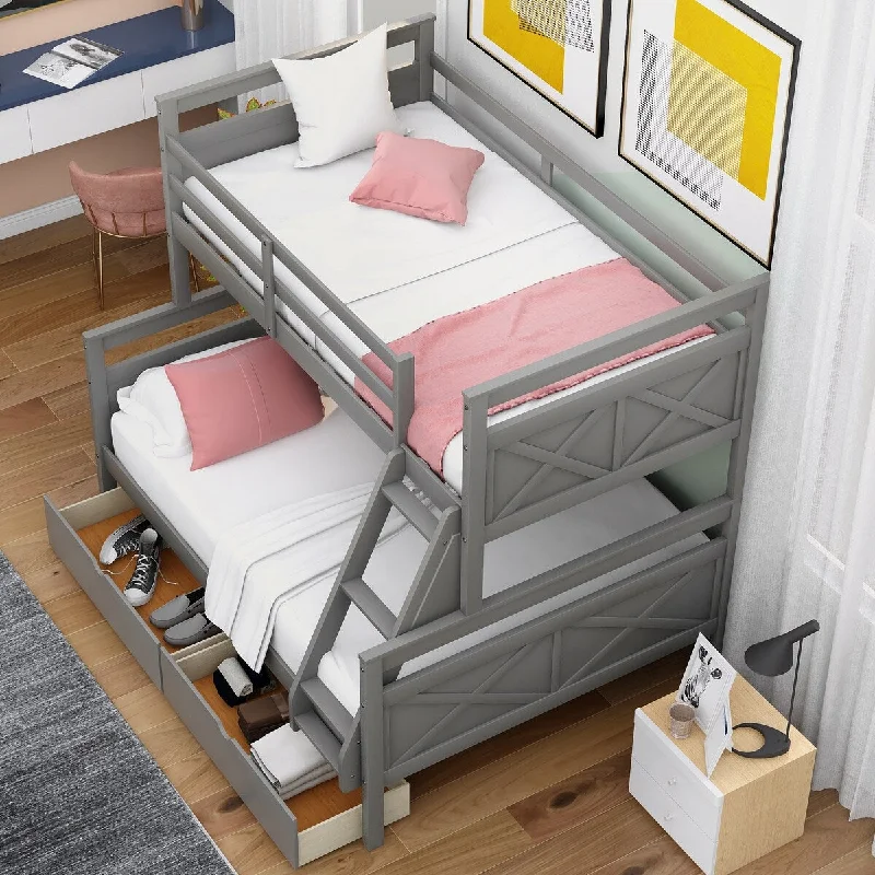 Twin Over Full Bunk Bed with Ladder, Safety Guardrail, Can Be Separated into 2 Beds Bunk Wooden Bed with 2 Pull-out Drawers