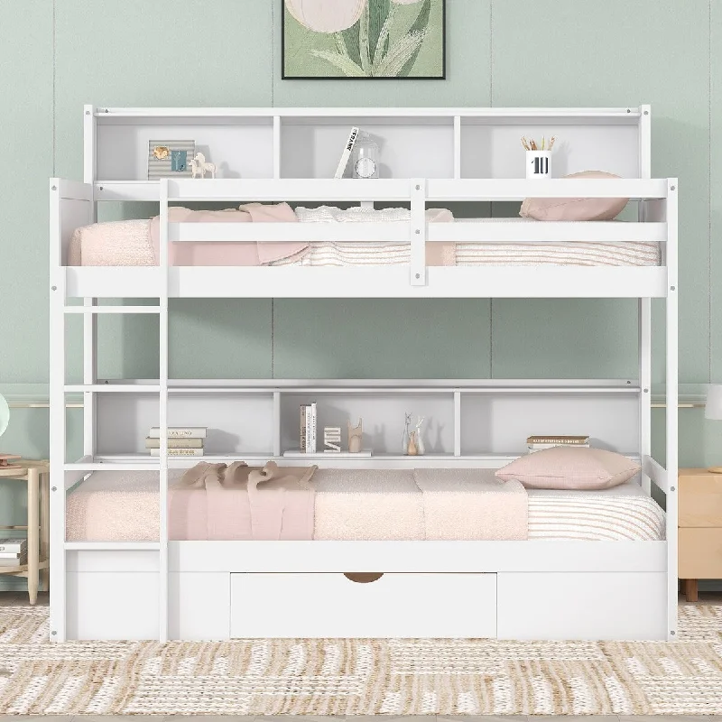 Twin over Twin White Bed Wood Bunk Bed with All-in-one Cabinet Shelf Beside Both Upper Bed and Down Bed, Drawers Underneath