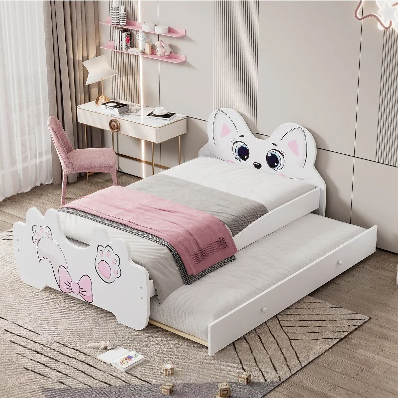 Twin Size Cartoon Bed Floor Platform Bed Frame with Trundle