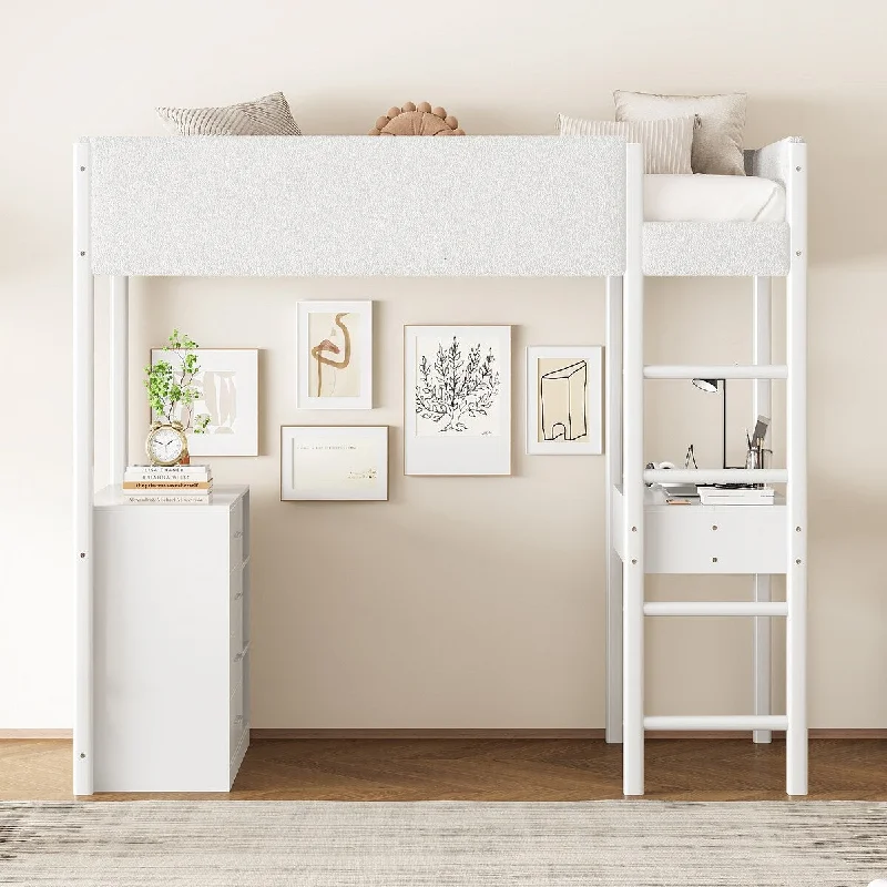 Twin Size Loft Bed with Teddy Fleece, Student Upholstered Loft Bed with Storage Shelf & Drawers and Desk, White Plush Fabric