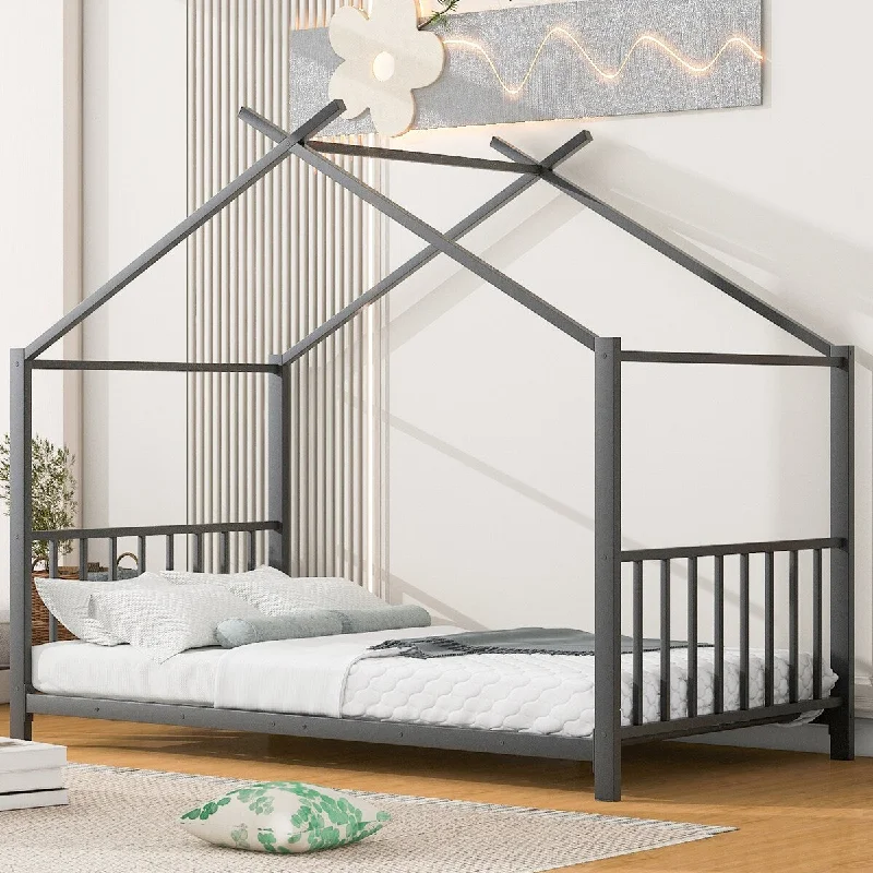 Twin Size Metal House Platform Bed with Solid Metal Legs, Modern Montessori Bed Frame for Kids Bedroom, No Box Spring Required