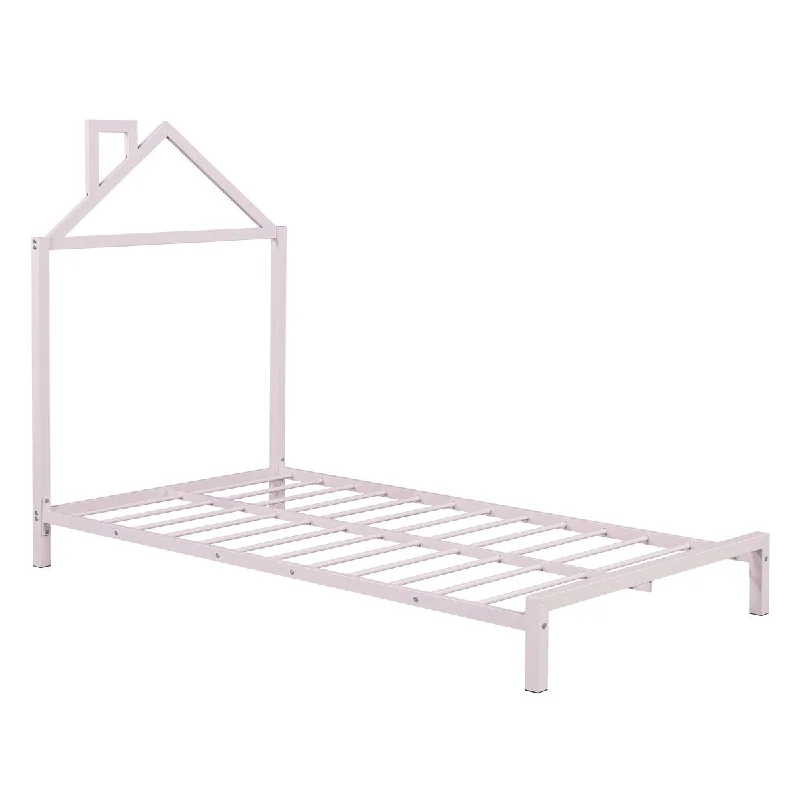 Twin Size Metal Platform Bed with House-Shaped Headboard, Pink