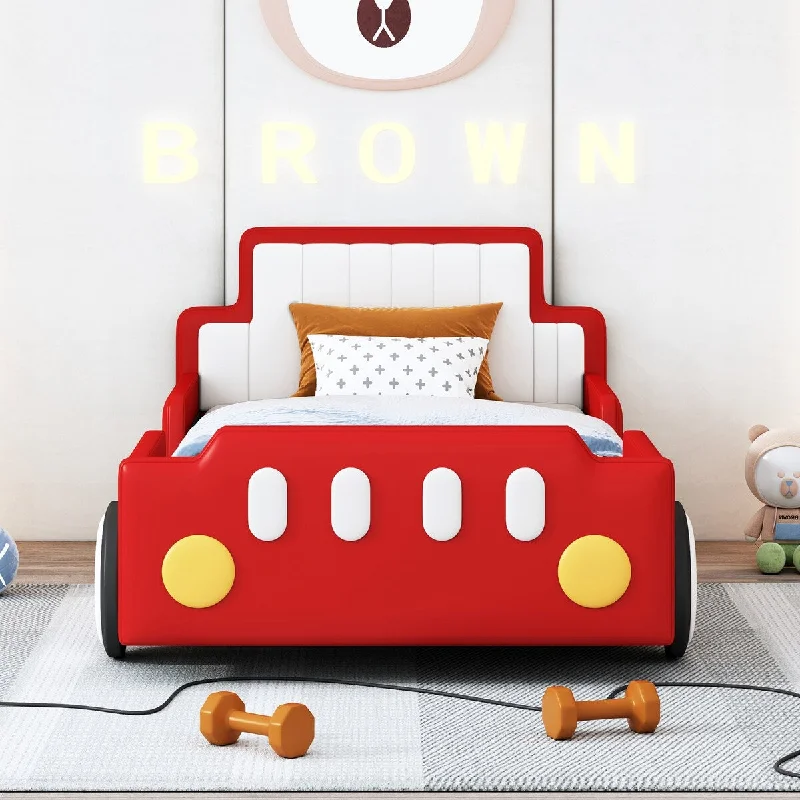 Twin Size Race Car-Shaped Bed with Wheels, Red Frame Floor Bed Grounded Wood Slat Support Bed for Toddler Platform Bed