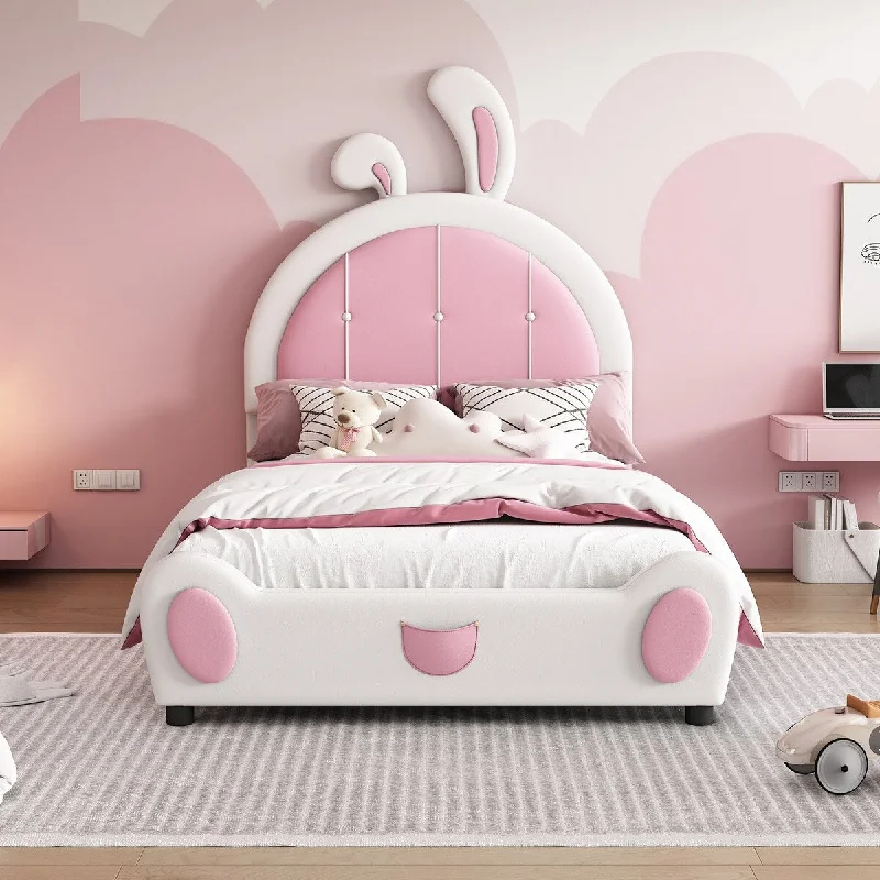 Twin Upholstered Bed Princess Platform Bed w/ Rabbit Shaped PU Headboard