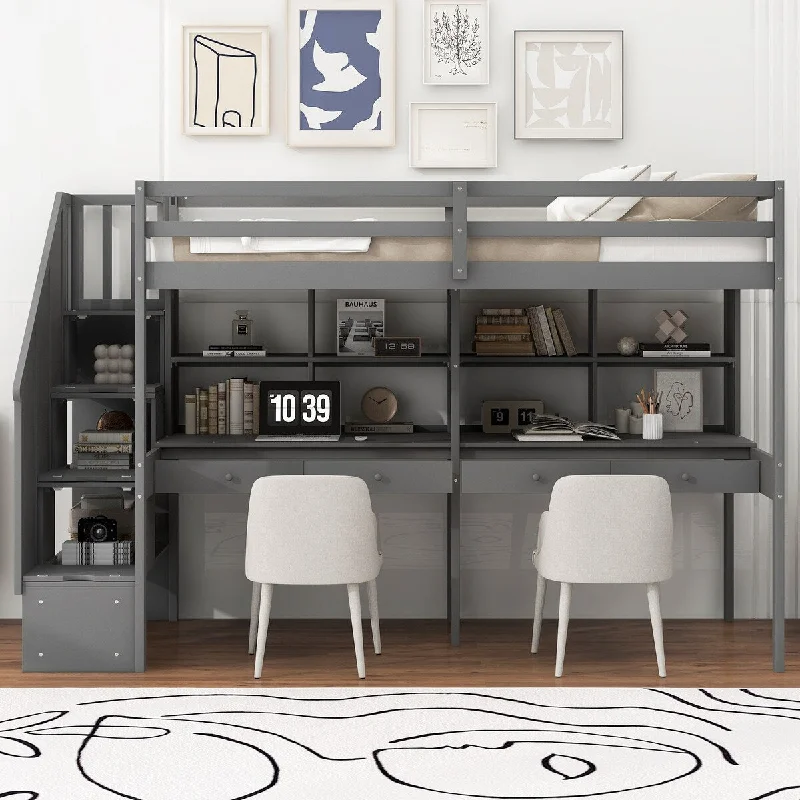 Unisex Wood Loft Gray Bed for Twin Size Loft Bed with Staircase Built-in Storage, Double Desk Underneath, Drawers and Shelves