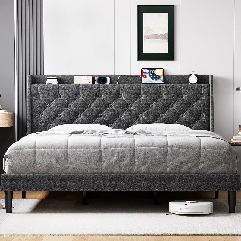 Upholstered Bed Frame with Wingback Headboard