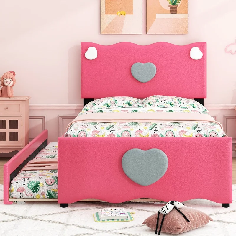 Upholstered Platform Bed with Trundle and Heart Shaped Decoration