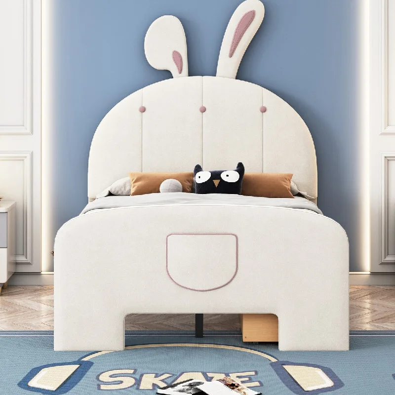 Velvet Platform Bed with Guardrail, Rabbit-Shaped Headboard, Pull-out Drawers Storage Bed and Bed-end Storage Pocket