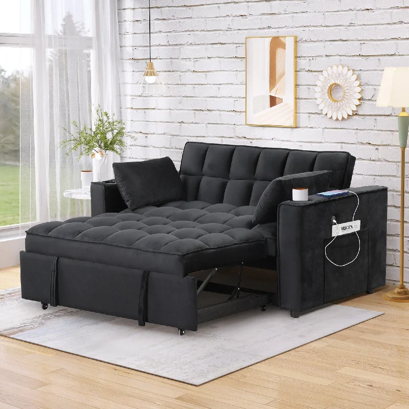 Velvet Upholstered Sofa Bed Convertible Sleeper Sofa with Cup Holder and USB Port - Perfect for Living Rooms and Apartments